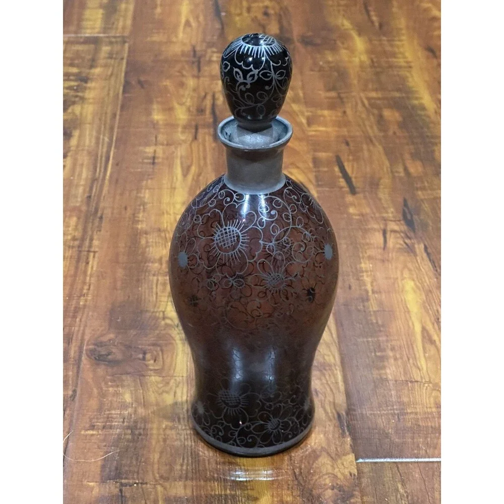 Vintage Venetian Purple Crystal 10” Glass Decanter with Silver Floral Overlay